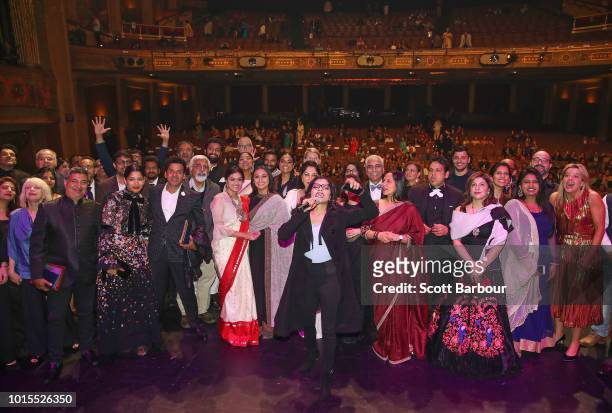 Guests including Rani Mukherjee, Malaika Aror and Freida Pinto pose for a photo as confetti falls at the conclusion of the Westpac IFFM Awards Night...