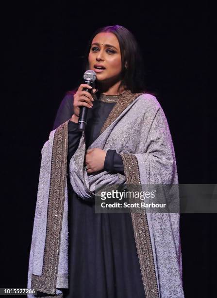 Rani Mukherjee sings on stage after receiving the Excellence in Cinema award during the Westpac IFFM Awards Night 2018 at The Palais Theatre on...