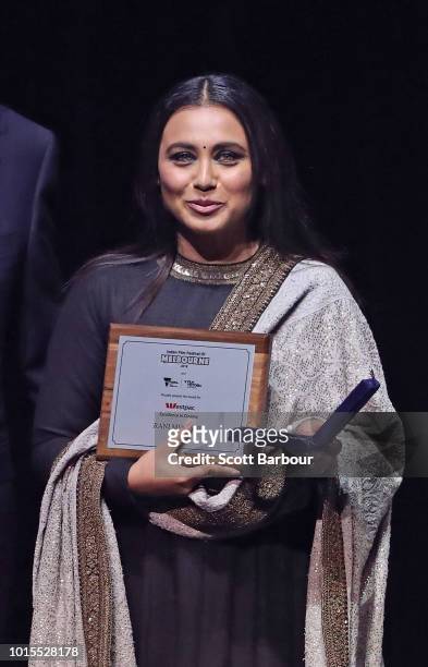 Rani Mukherjee receives the Excellence in Cinema award during the Westpac IFFM Awards Night 2018 at The Palais Theatre on August 12, 2018 in...