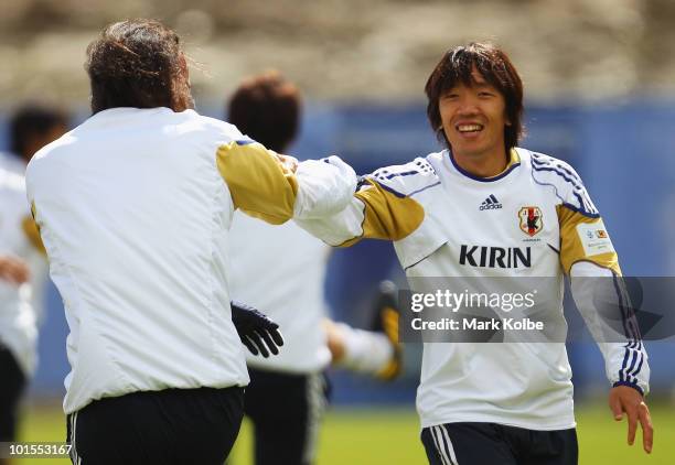 Shunsuke Nakamura laughs during a Japan training session at Saas-Fee Stadium on June 2, 2010 in Saas-Fee, Switzerland.