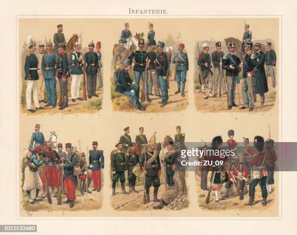 infanterie der europäischen nationen, farblitho, veröffentlicht im jahre 1897 - french and indian war stock-grafiken, -clipart, -cartoons und -symbole