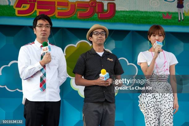 Hiroaki Ogi, Ken Yahagi and a members of Japanese girl group AKB48 Mariko Shinoda attends a event at Tokyo Racecourse on June 6 , 2010 in Tokyo,...