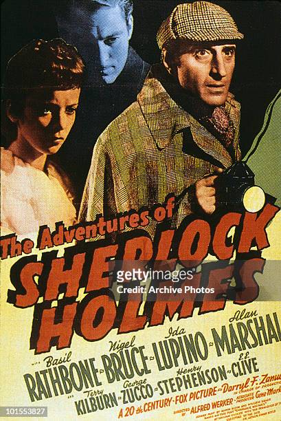 Poster for the 1939 film 'The Adventures of Sherlock Holmes', starring British actor Basil Rathbone and Ida Lupino .