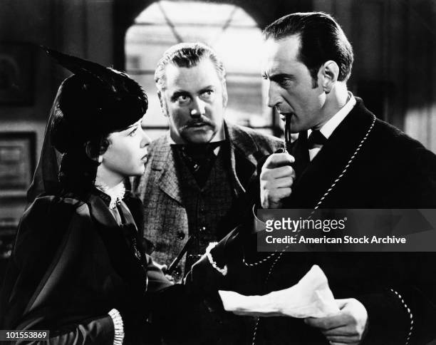 British actor Basil Rathbone as fictional detective Sherlock Holmes with Nigel Bruce as Doctor Watson in 'The Adventures of Sherlock Holmes', 1939....