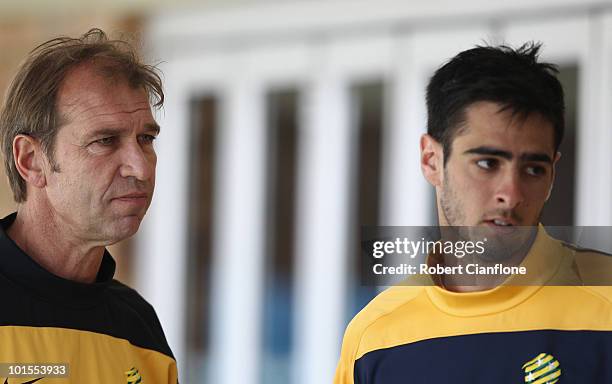 Rhys Williams of Australia talks with coach Pim Verbeek after an Australian Socceroos training session at St Stithians College on June 2, 2010 in...