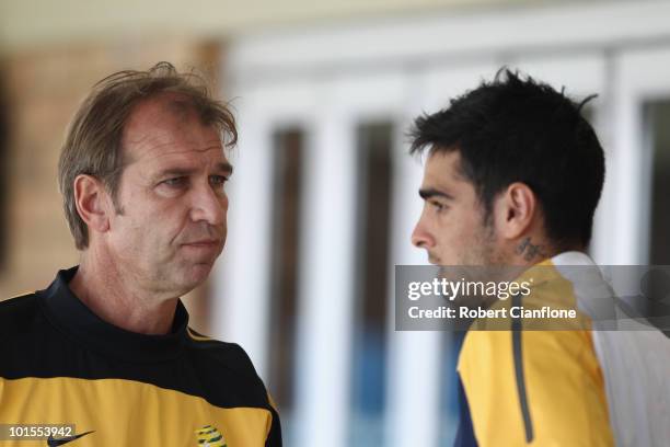 Rhys Williams of Australia talks with coach Pim Verbeek after an Australian Socceroos training session at St Stithians College on June 2, 2010 in...