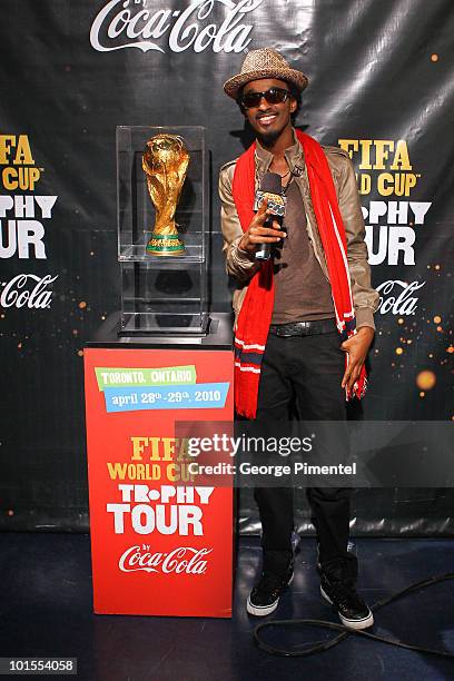 Singer K'naan brings the 2010 FIFA World Cup Trophy to Canada and visits MuchOnDemand at the MuchMusic HQ on April 29, 2010 in Toronto, Canada.