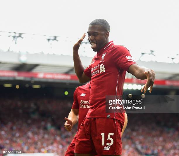Daniel Sturridge of Liverpool celebrates after scoring the fourth goal during the Premier League match between Liverpool FC and West Ham United at...