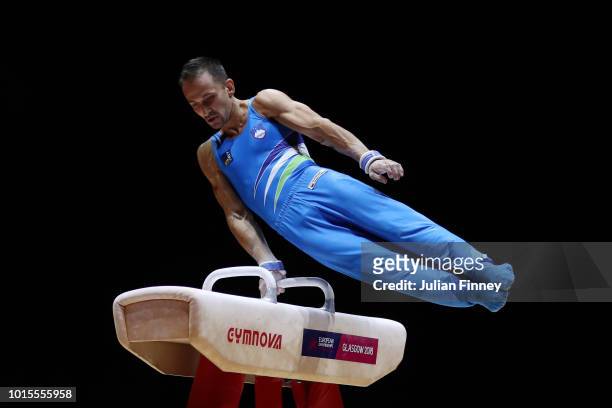 Saso Bertoncelj of Slovenia competes in Pommel Horse during the Men's Gymnastics Final on Day Eleven of the European Championships Glasgow 2018 at...
