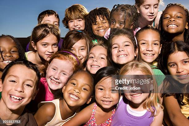 portrait of happy kids, smiling, outdoors - sólo niñas fotografías e imágenes de stock