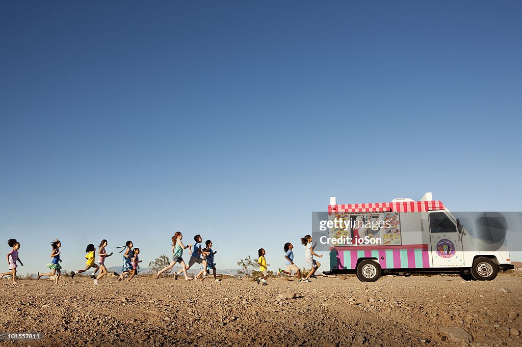 Kids running to ice cream truck,  Nevada Deser