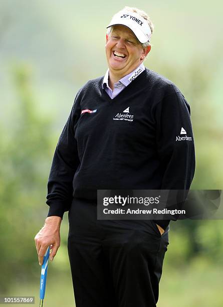 Colin Montgomerie of Scotland smiles during the Pro Am prior to the start of the Celtic Manor Wales Open on The Twenty Ten Course at The Celtic Manor...