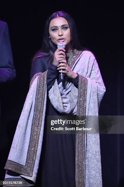 Rani Mukherjee sings on stage after receiving the Excellence in Cinema award during the Westpac IFFM Awards Night 2018 at The Palais Theatre on...