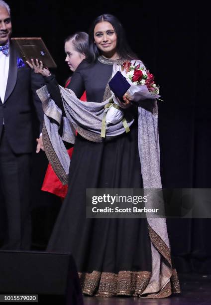 Rani Mukherjee speaks after winning the Westpac Best Actress Award during the Westpac 2018 Indian Film Festival of Melbourne Awards Night 2018 at The...