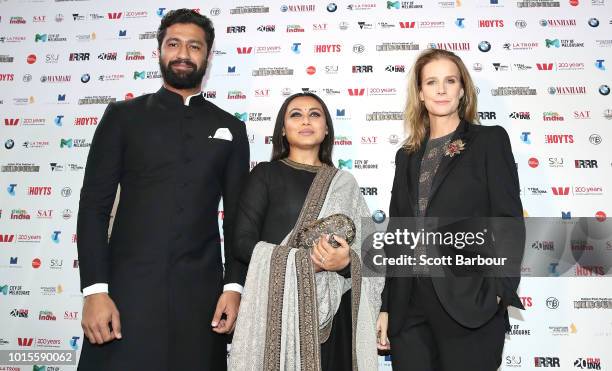 Vicky Kaushal, Rani Mukherjee and Rachel Griffiths attend the Westpac IFFM Awards Night 2018 at The Palais Theatre on August 12, 2018 in Melbourne,...
