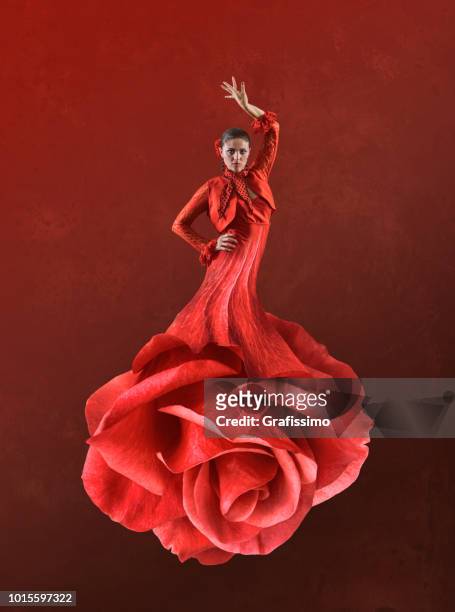 beautiful woman dancing flamenco with red rose - flamencos stock pictures, royalty-free photos & images