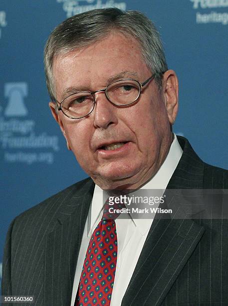 Former U.S. Attorney General John Ashcroft speaks at the Heritage Foundation on June 2, 2010 in Washington, DC. Ashcroft spoke about the U.S. Supreme...