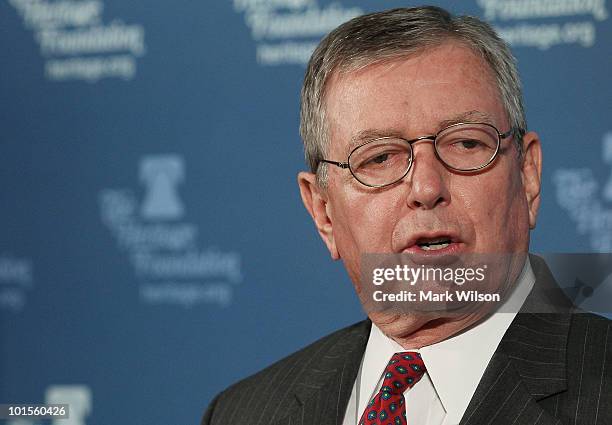Former U.S. Attorney General John Ashcroft speaks at the Heritage Foundation on June 2, 2010 in Washington, DC. Ashcroft spoke about the U.S. Supreme...