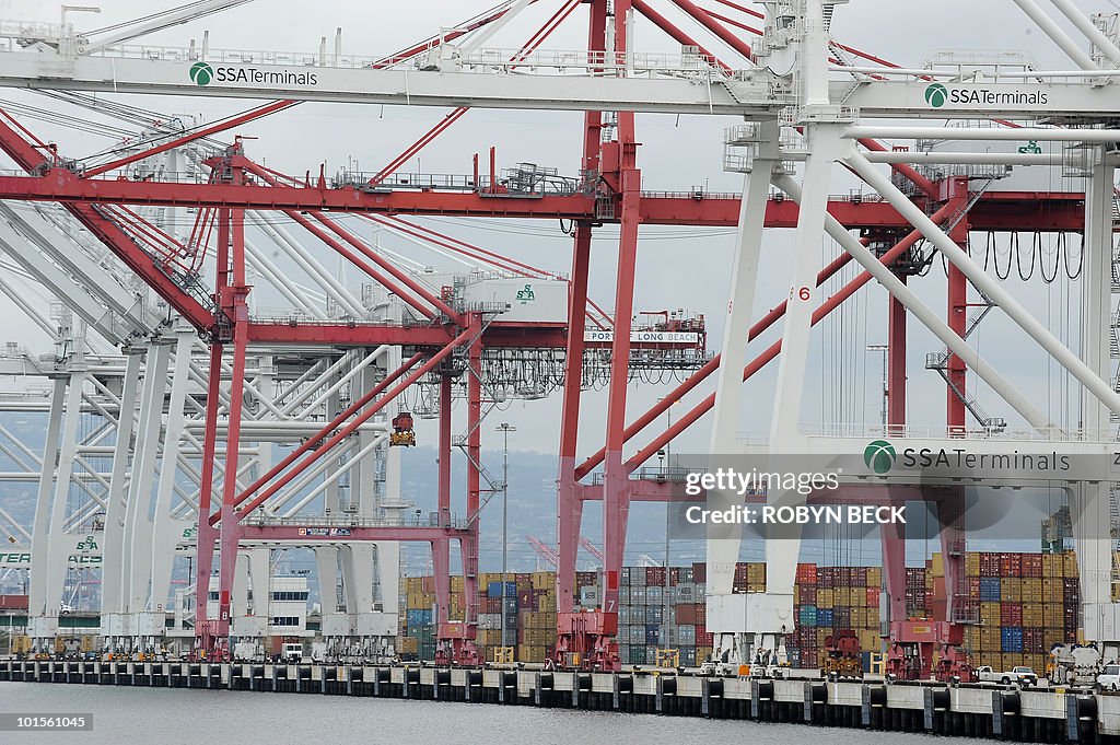 A row of cranes in the Port of Long Beac