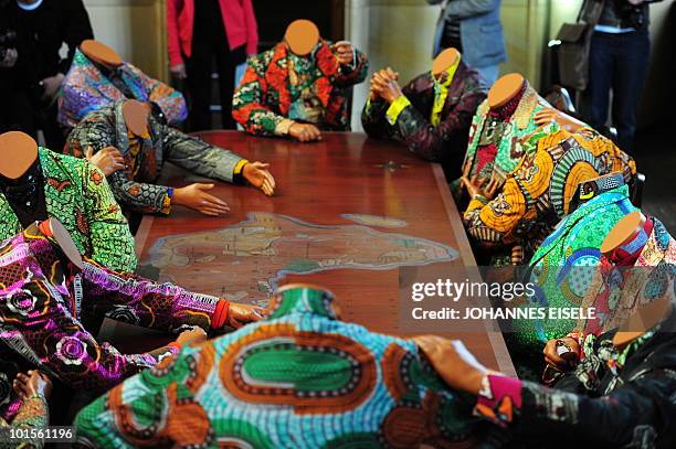 The installation "Scramble for Africa" by British artist of Nigerian origin Yinka Shonibare is pictured during a press preview of the exhibition "Who...