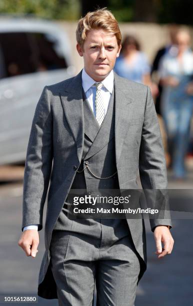 Hugh Grosvenor, Duke of Westminster attends the wedding of Charlie van Straubenzee and Daisy Jenks at the church of St Mary the Virgin on August 4,...