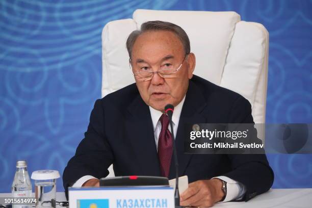 Kazakh President Nursultan Nazarbayev speeches during the Caspian Summit on August 12, 2018 in Aktau,Kazakhstan. Leaders of Russia, Iran, Kazakhstan,...