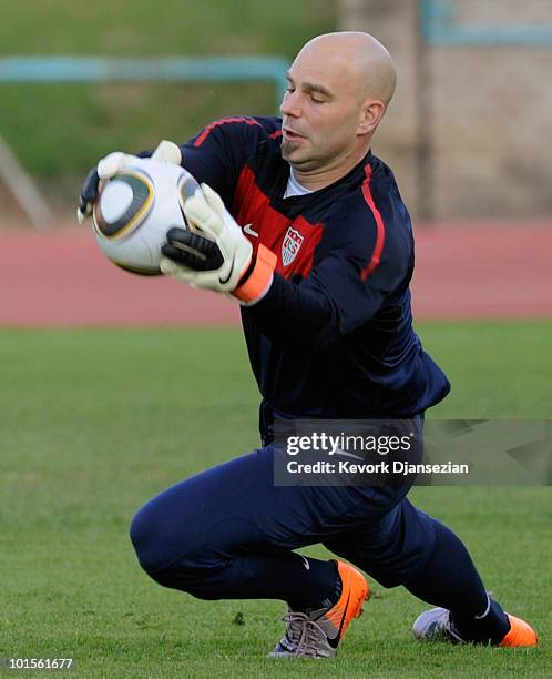 Marcus Hahnemann goalkeeper of US national team during training session at Pilditch Stadium on June 2, 2010 in Pretoria, South Africa. US will face...