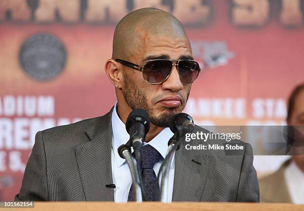 Miguel Cotto speaks to the media during a press conference on June 2, 2010 at Yankee Stadium in the Bronx borough of New York City.