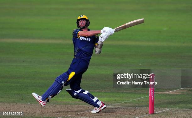 Michael Hogan of Glamorgan bats during the Vitality Blast match between Somerset and Glamorgan at the Cooper Associates County Ground on August 12,...