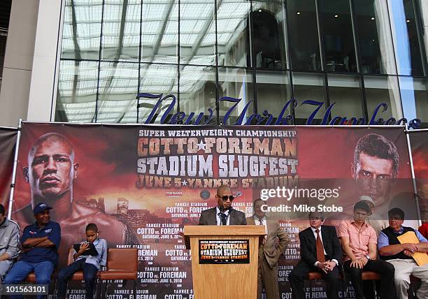 Miguel Cotto speaks to the media during a press conference on June 2, 2010 at Yankee Stadium in the Bronx borough of New York City.