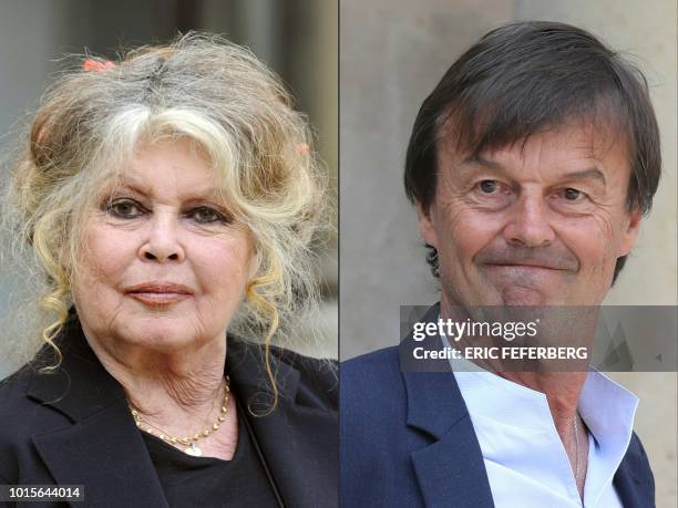 This combination of file pictures created on August 12, 2018 in Paris shows French film legend and animal rights activist Brigitte Bardot posing at...