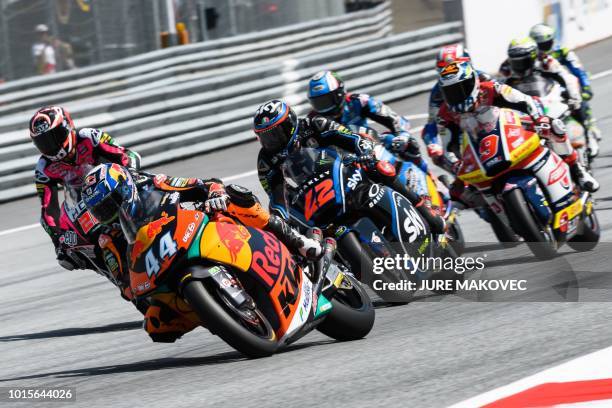 Riders start the Moto2 race of the Austrian MotoGP Grand Prix at the Red Bull Ring in Spielberg, Austria on August 12, 2018.