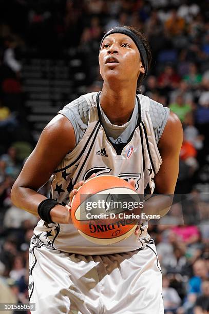 Michelle Snow of the San Antonio Stars shoots a free throw during the game against the Los Angeles Sparks on May 22, 2010 at the AT&T Center in San...