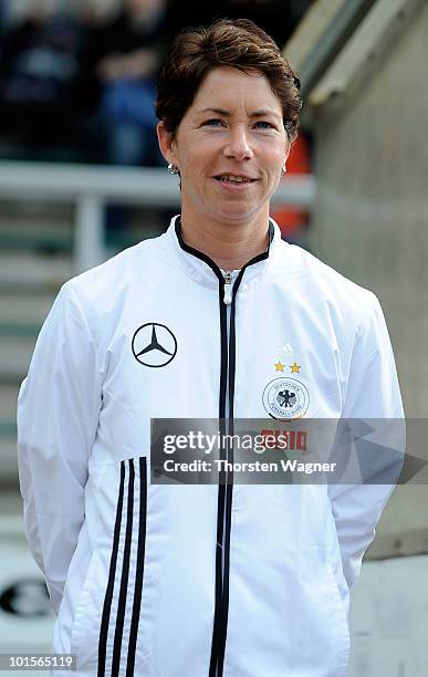 Head coach Maren Meinert of Germany looks on in prior to the U20 international friendly match between Germany and South Korea at Waldstadion on June...