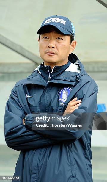 Head coach Choi Inchul of South Korea looks on in prior to the U20 international friendly match between Germany and South Korea at Waldstadion on...