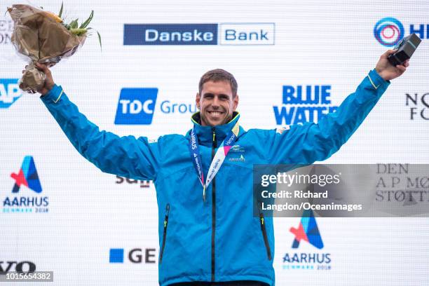 Dorian van Rijsselberghe from the Dutch Olympic Sailing Team wins gold medal at the 2018 ISAF Sailing World Championships on August 12, 2018 in...