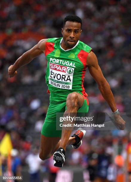 Nelson Evora of Portugal competes in the Men's Triple Jump final during day six of the 24th European Athletics Championships at Olympiastadion on...