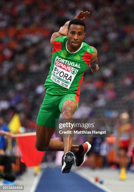 Nelson Evora of Portugal competes in the Men's Triple Jump final during day six of the 24th European Athletics Championships at Olympiastadion on...