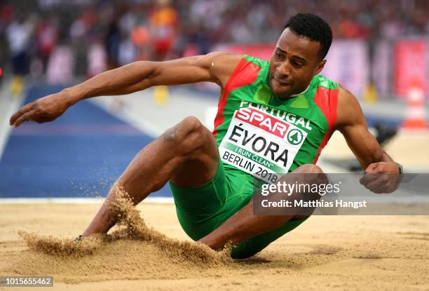 Nelson Evora of Portugal competes in the Men's Triple Jump final during day six of the 24th European Athletics Championships at Olympiastadion on...