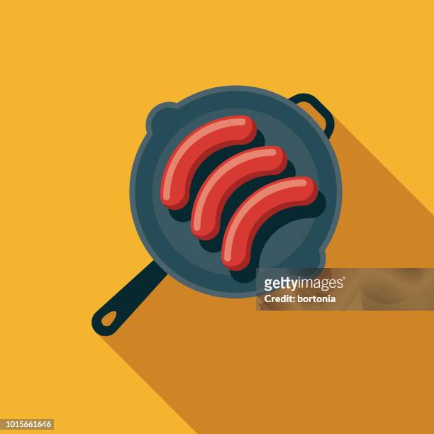 frying sausages flat design breakfast icon - beef sausage stock illustrations