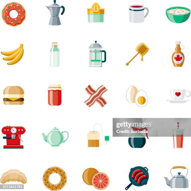 flaches design-icon-set frühstück - bacon and eggs stock-grafiken, -clipart, -cartoons und -symbole