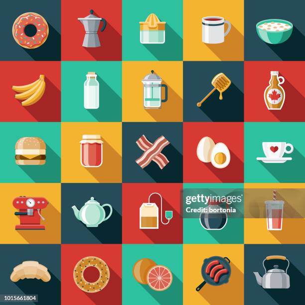 breakfast flat design icon set - honey banana smoothie stock illustrations