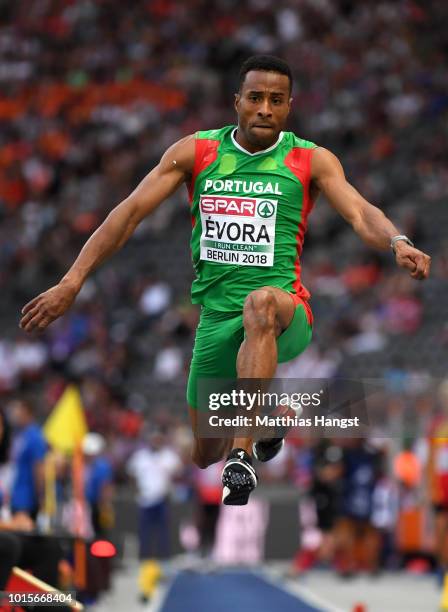 Nelson Evora of Portugal competes in the Men's Triple Jump final during day six of the 24th European Athletics Championships at Olympiastadion on...