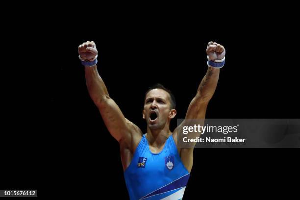 Saso Bertoncelj of Slovenia celebrates after his routine in Pommel Horse during the Men's Gymnastics Final on Day Eleven of the European...