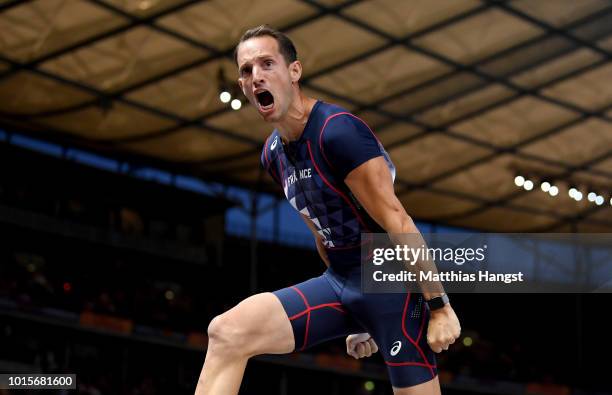 Renaud Lavillenie of France reacts in the Men's Pole Vault final during day six of the 24th European Athletics Championships at Olympiastadion on...