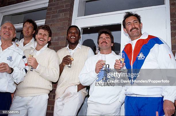 England captain Graham Gooch leading the celebrations after England's victory on the fifth day of the 1st Test Match between England and the West...