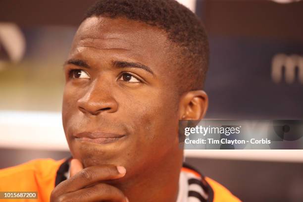 August 7: Vinicius Junior of Real Madrid on the bench before the start of the Real Madrid vs AS Roma International Champions Cup match at MetLife...