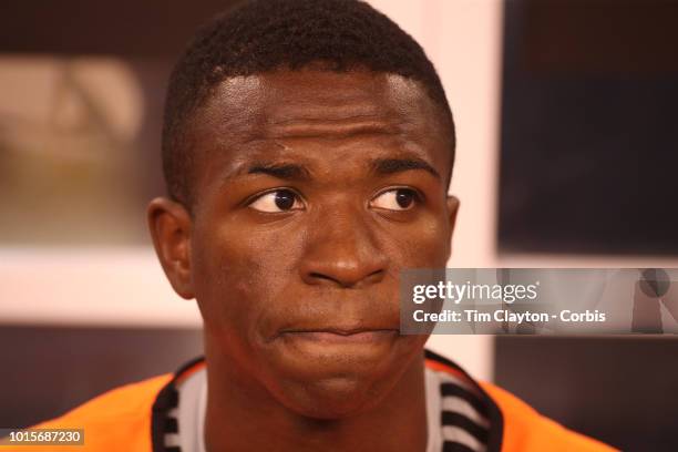 August 7: Vinicius Junior of Real Madrid on the bench before the start of the Real Madrid vs AS Roma International Champions Cup match at MetLife...