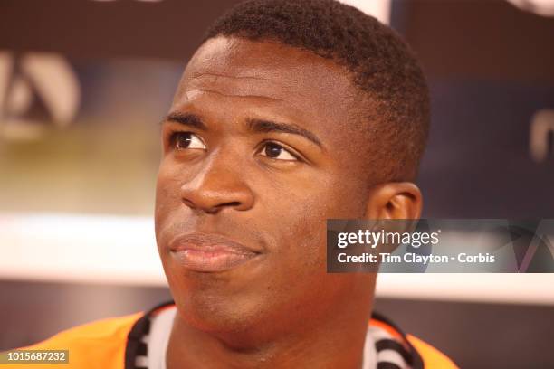 August 7: Vinicius Junior of Real Madrid on the bench before the start of the Real Madrid vs AS Roma International Champions Cup match at MetLife...