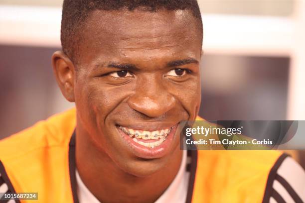 August 7: Vinicius Junior of Real Madrid on the bench before the start of the Real Madrid vs AS Roma International Champions Cup match at MetLife...